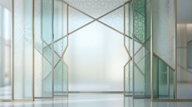 Modern Abstract Islamic Background with Stained Glass Geometric Frame and Light Leaks
