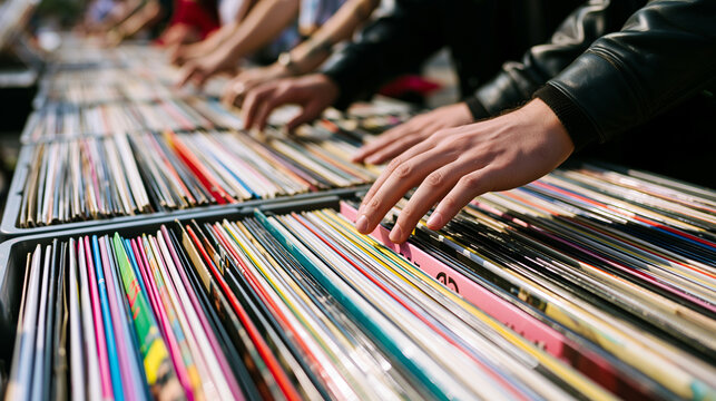 Open air vinyl market, hands flipping record crates with colorful sleeves, summer daylight outdoor music fair, retro analog culture, community shopping and discovery, weekend lifestyle event.
