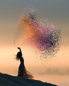 Woman releasing colorful glitter dust into sunset sky
