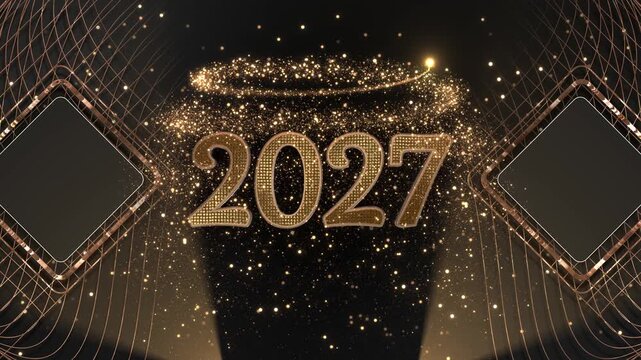 Premium 2027 numerals glow sweeping particle geometric structures warm details. countdown finales, corporate greetings, event screens, New Year advertising, luxury presentations, celebration videos.
