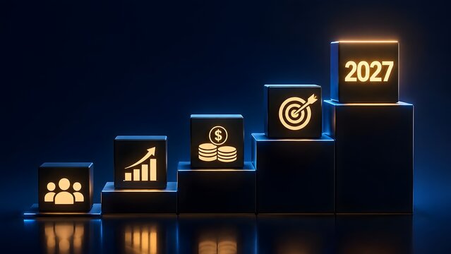 Glowing 2027 business strategy and financial growth icons on rising black block chart representing future corporate success