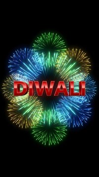 Diwali text superimposed on a vibrant, colorful fireworks display against a dark background.