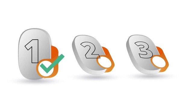3D numbered steps 1 2 3 sequence &mdash; first step completed with green checkmark, steps 2 and 3 pending, oval white buttons with orange accent, progress and workflow stages, step-by-step process.