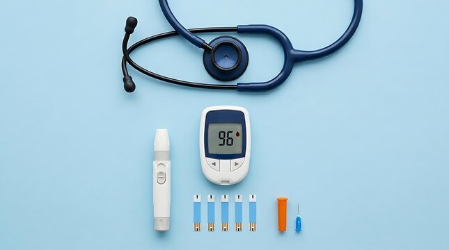 Diabetes testing kit medical equipment including glucometer lancet pen strips stethoscope on blue