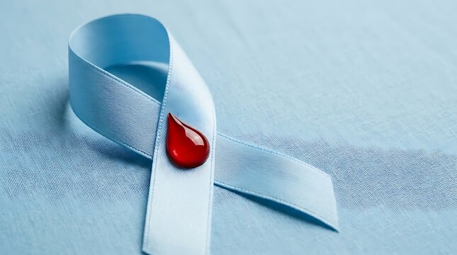 Blue awareness ribbon, healthcare symbol with red blood drop representing diabetes awareness