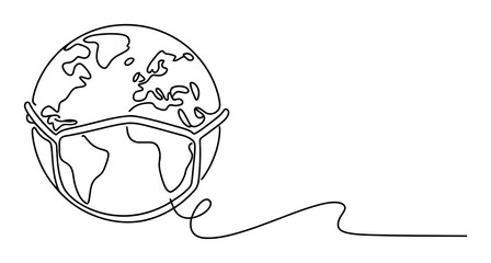 Continuous line of planet earth wearing a protective face mask