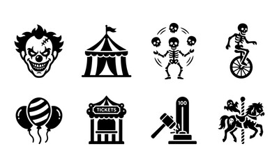 Naklejka premium Creepy circus and horror carnival icons set, black silhouettes of evil clown, tent, juggling skeleton, and ride