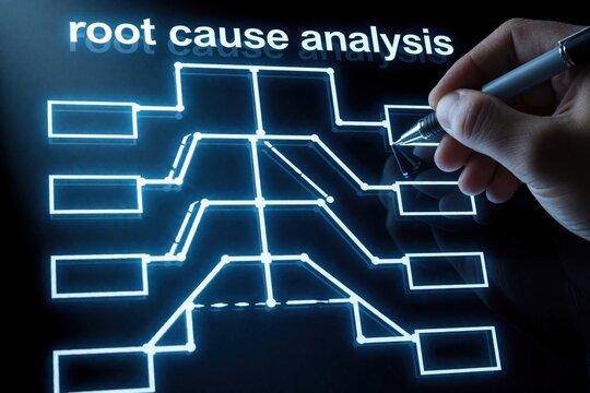 Hand uses pen on glowing fishbone diagram for root cause analysis. Business problem solving. Data visualization strategy. Process improvement planning. Decision making chart.