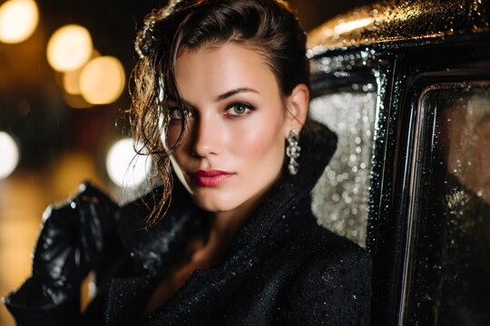 Elegant woman looking at camera on a rainy city night