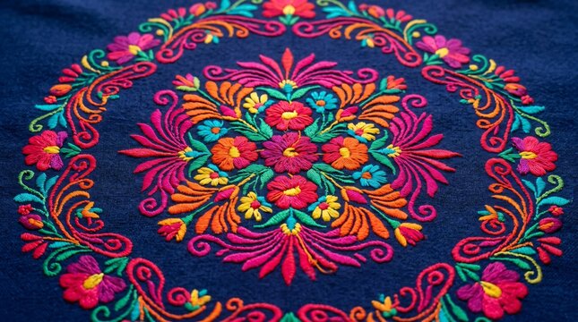 Traditional Mexican embroidery with colorful floral mandala on dark blue fabric, vibrant Hispanic folk art textile pattern celebrating Hispanic Heritage Month.