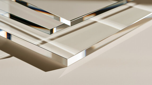 Architectural glass edge creating layered shadow across ivory surface, optical reflection, soft gradient, clean copy space, premium abstract background for luxury design branding.