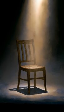 Solitary Wooden Chair Evokes Reflection Dramatic Lighting Minimalist Art Stock Photo Concept