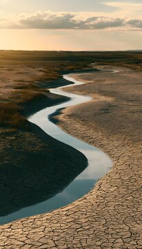 Serene river carves through arid land bathed in golden hour light a tranquil desert landscape