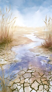 Serene cracked earth landscape watercolor illustration evokes a desolate yet peaceful atmosphere