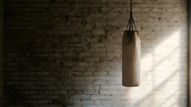 Raw industrial space evokes strength resilience a solitary punching bag hangs in soft light
