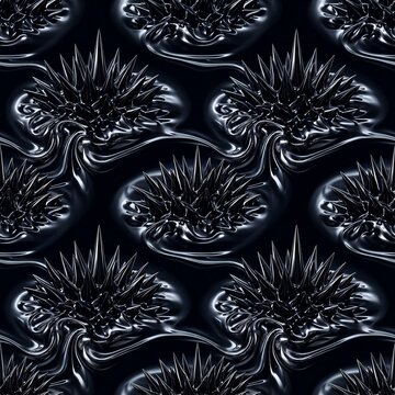 Dark Metallic Ferrofluid Spikes Seamless Repeat Pattern Background.