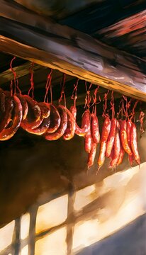 Rustic Charcuterie Delight Warm Artisanal Shop Illustration Showcases Traditional Food Charm