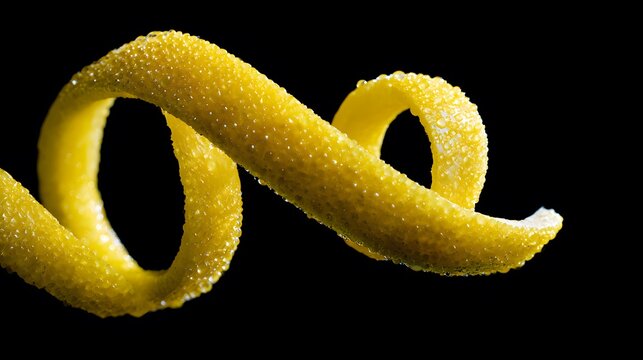 Vibrant lemon twist close up reveals refreshing texture against a dark dramatic minimalist food photography backdrop