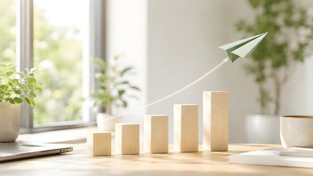 Green paper airplane flying upwards over a wooden block bar chart on a bright sunlit desk representing sustainable business growth and eco-friendly startup success