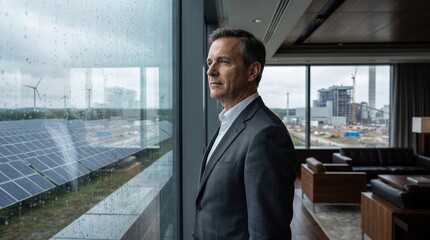 Fototapeta premium Thoughtful businessman in suit looking through rainy window at solar panels wind turbines and industrial factory for sustainable green energy transition corporate concept.