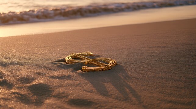 Golden dollar sign rests on warm sand evoking financial peace at sunset beach serene coastal concept