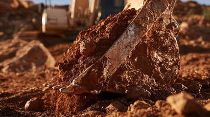 Fototapeta premium Excavator bucket releasing fresh soil onto rocky ground