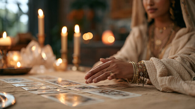 Palm reader at candlelit modest home parlor, wide establishing shot showing draped consultation table with puzzle piece styled fortune cards arranged in spread, crystal and velvet