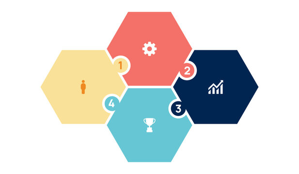 puzzle infographic chart template for business 4 step options, presentation with Hexagon jigsaw elements.