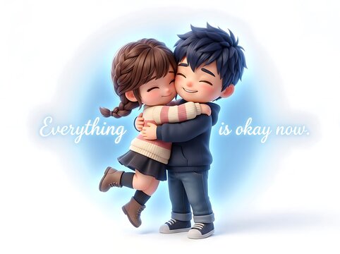 3D cute cartoon boy and girl hugging. Animated characters embracing in heart shape. Emotional friendship design with text everything is okay now.
