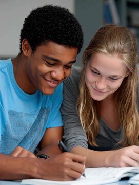 Teenage boy and girl collaborating on homework, writing in a notebook together in a classroom