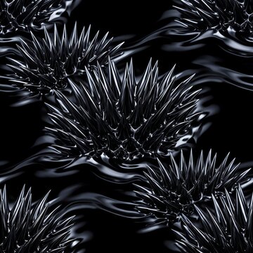 Dark Metallic Ferrofluid Spikes Liquid Flow Seamless Pattern Background.