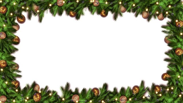 Decorative pine foliage spacious center warm bulbs metallic Christmas ornaments. greetings, seasonal invitations, promotional , family slideshows, holiday presentations, product displays, festive text