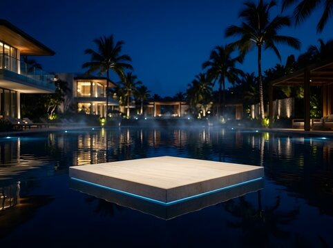Illuminated Pool Platform Under Tropical Night