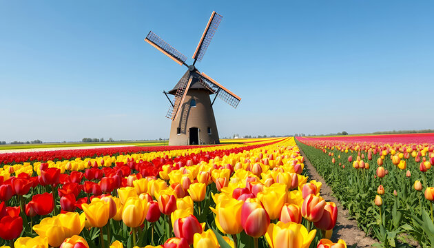 Traditional windmill standing tall amidst vibrant tulip fields under clear blue sky