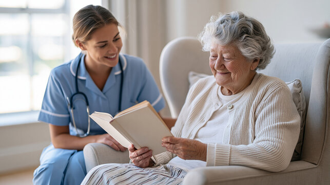 Elder care nurse in hospital dayroom, elderly resident closing final chapter of well loved paperback with contented expression, nurse seated beside offering warm acknowledgment,
