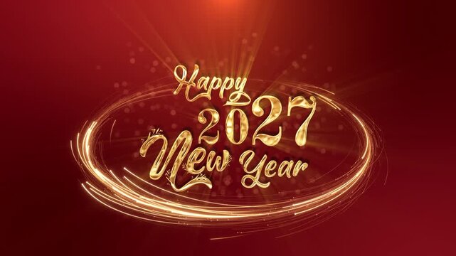 Elegant golden calligraphy new year 2027 numerals shine orbit crimson scene. New Year , countdown finales, premium party promotions, festive broadcasts, annual presentations, celebration openings.