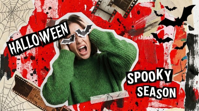 Creative Halloween Collage Featuring Screaming Woman for Spooky Season Theme