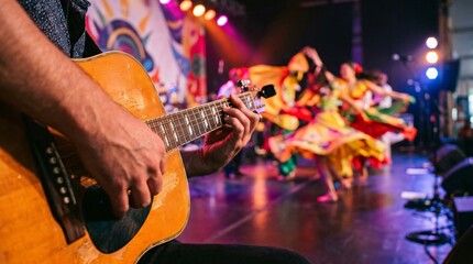 Naklejka premium Musician playing acoustic guitar with colorful folkloric dancers performing on stage, celebrating Hispanic heritage and culture.