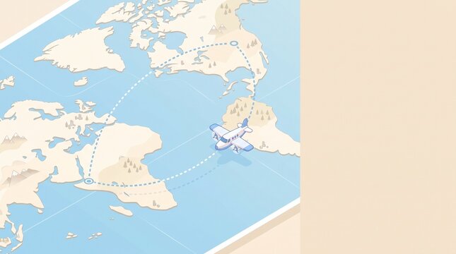 Isometric airline route map with a plane flying over the world