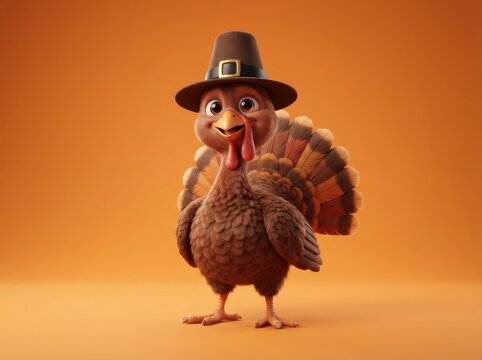 Adorable 3d rendered turkey mascot wearing brown pilgrim hat standing on solid orange background