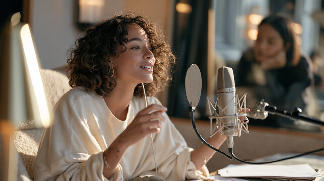 A voice actor seated in a luxuriously upholstered recording booth inside a high end interior, partner observing through the glass panel, warm ambient sconces casting a rich