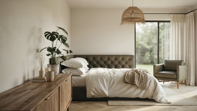 Minimalist bedroom interior featuring olive green tufted headboard bedside furniture woven pendant light natural textures with cozy armchair bathed soft natural light