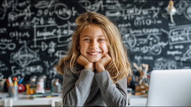 Cheerful beautiful girl laughing in front of a big blackboard full of mathematics formulas