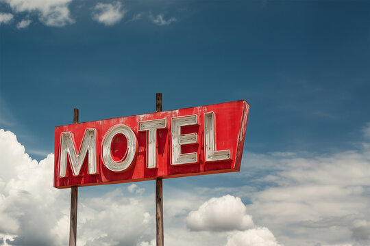 Vintage red mid-century neon motel sign, blue sky background, retro summer road trip and travel