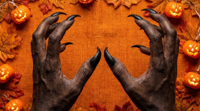 Spooky monster hands with black claws for Halloween festive background