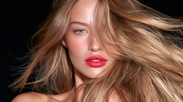 Young woman with blonde hair and red lips