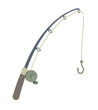 Hand-traced vector icon illustration of a classic fishing rod with curved flexible tip, spinning reel, guiding line eyelets, brown cork handle, and dangling barbed hook on transparent background for