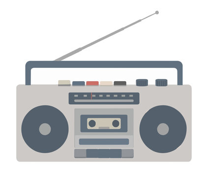 Hand-traced vector illustration of a classic vintage boombox stereo with extended antenna, featuring dual speakers, cassette deck, tuner dial, and control knobs in a nostalgic retro design