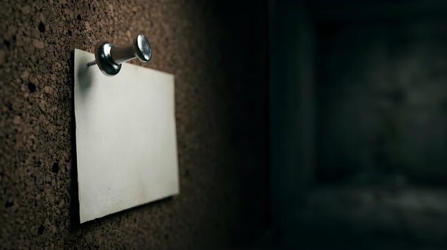 Blank paper note pinned to a brown cork board for office communication