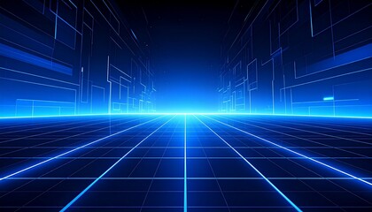 Naklejka premium Abstract Blue Futuristic Technology Background with Glowing Digital Lines, Grid Pattern, Data Connections, Geometric Perspective and Modern Science Design